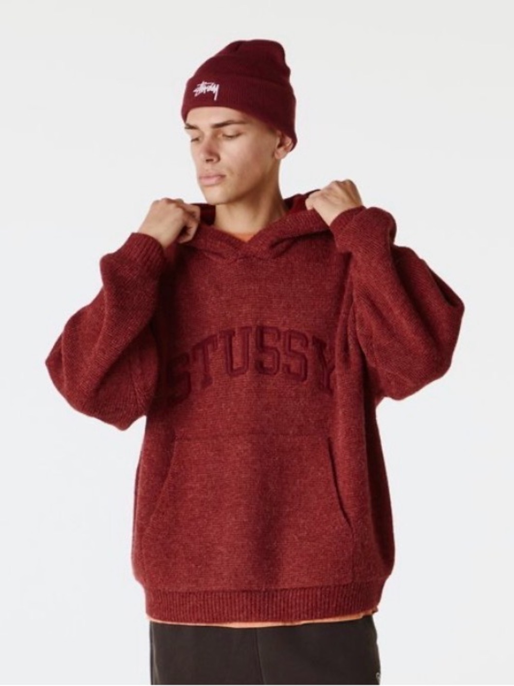 Stüssy Felt Patch Knit Hoodie (Burgundy)